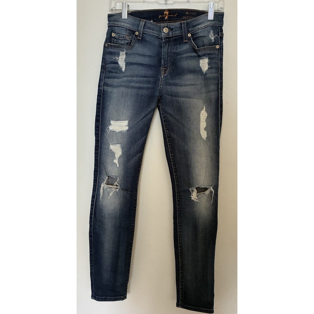 7 For All Mankind Distressed Skinny Medium Wash Blue Denim Jeans 5-Pocket Women